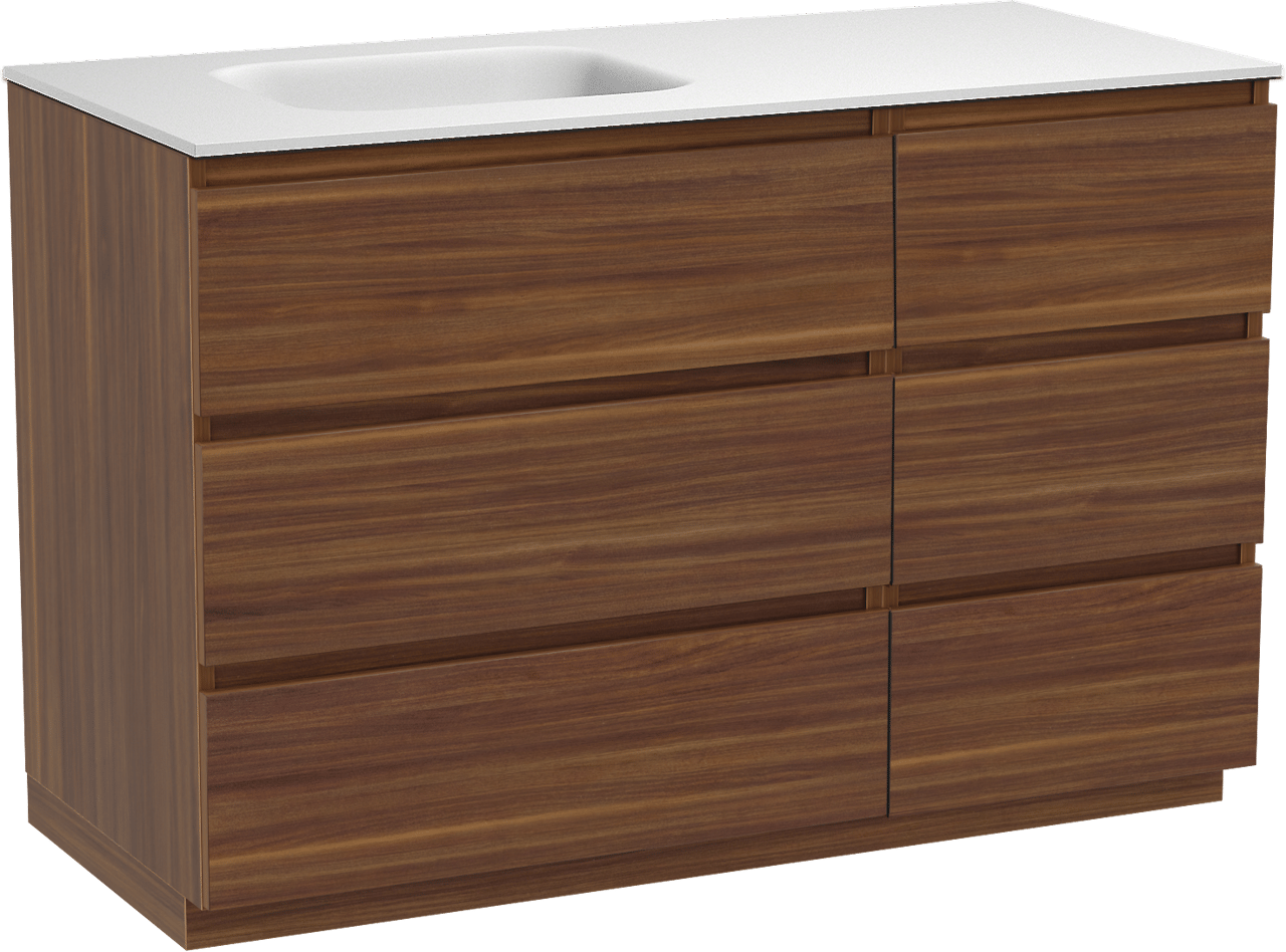 Balmani Lucida freistehendes Möbelstück Set: 120 x 55 cm, Amerikanischer Nussbaum, mit Tablo Arcato Waschtisch links, Solid Surface Weiß matt