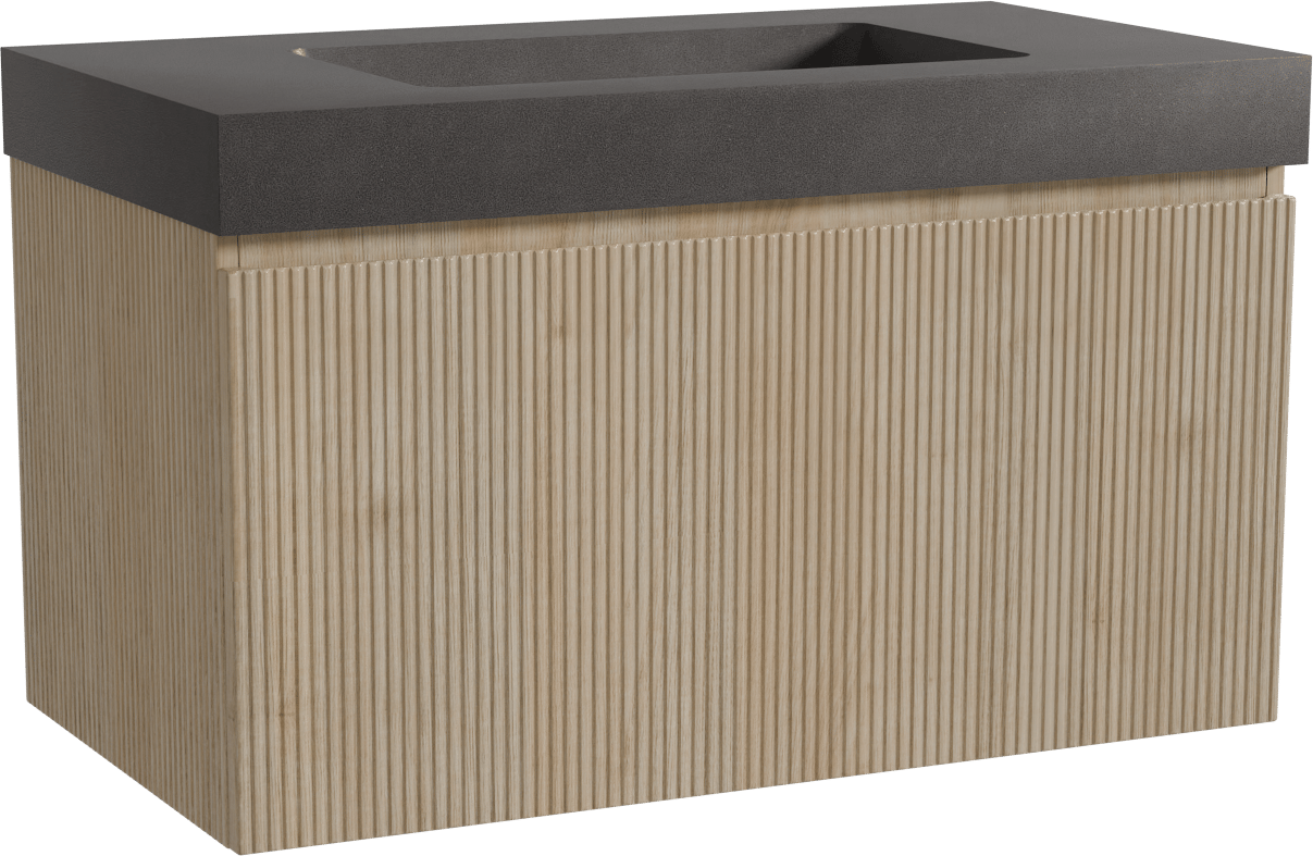 Storke Ribs meuble salle de bains suspendu 95 x 52 cm chêne brut avec Scuro High plan simple en quartz noir mat, Nervure droite symétrique verticale