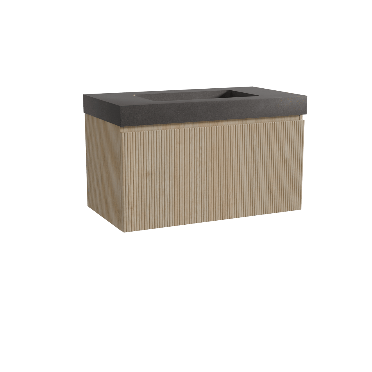 Storke Ribs zwevend badkamermeubel 95 x 52 cm ruwe eik met Scuro High enkele wastafel in kwarts mat zwart, Verticale symmetrische rechte ribbel