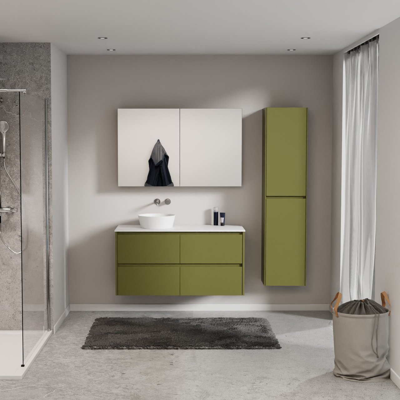 Storke Seda zwevend badmeubel 120 x 52 cm olijfgroen met Tavola enkel of dubbel wastafelblad in solid surface mat wit