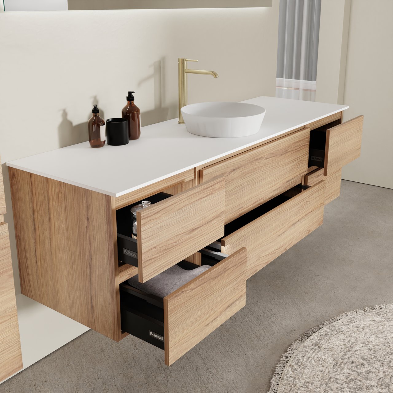 Balmani Lucida meuble salle de bains suspendu 180 x 55 cm teck avec Stretto tablette simple ou double en solid surface blanc mat