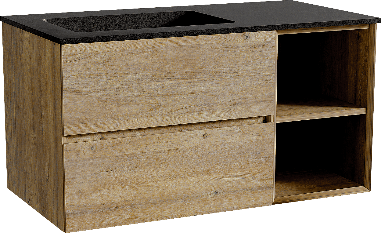 Storke Edge zwevend badmeubel 100 x 52 cm ruw eiken met Scuro asymmetrisch linkse wastafel in kwarts mat zwart