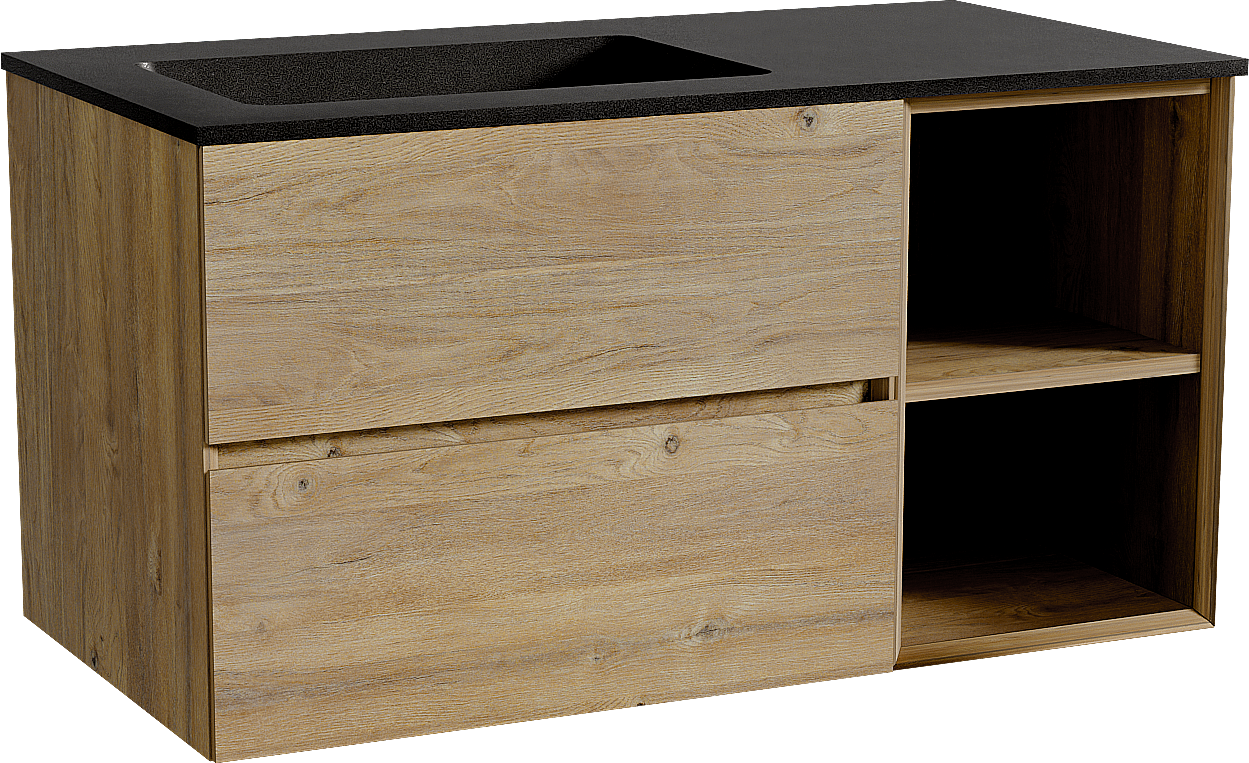 Storke Edge meuble salle de bains suspendu 100 x 52 cm chêne brut avec Scuro plan vasque asymétrique à gauche en quartz noir mat