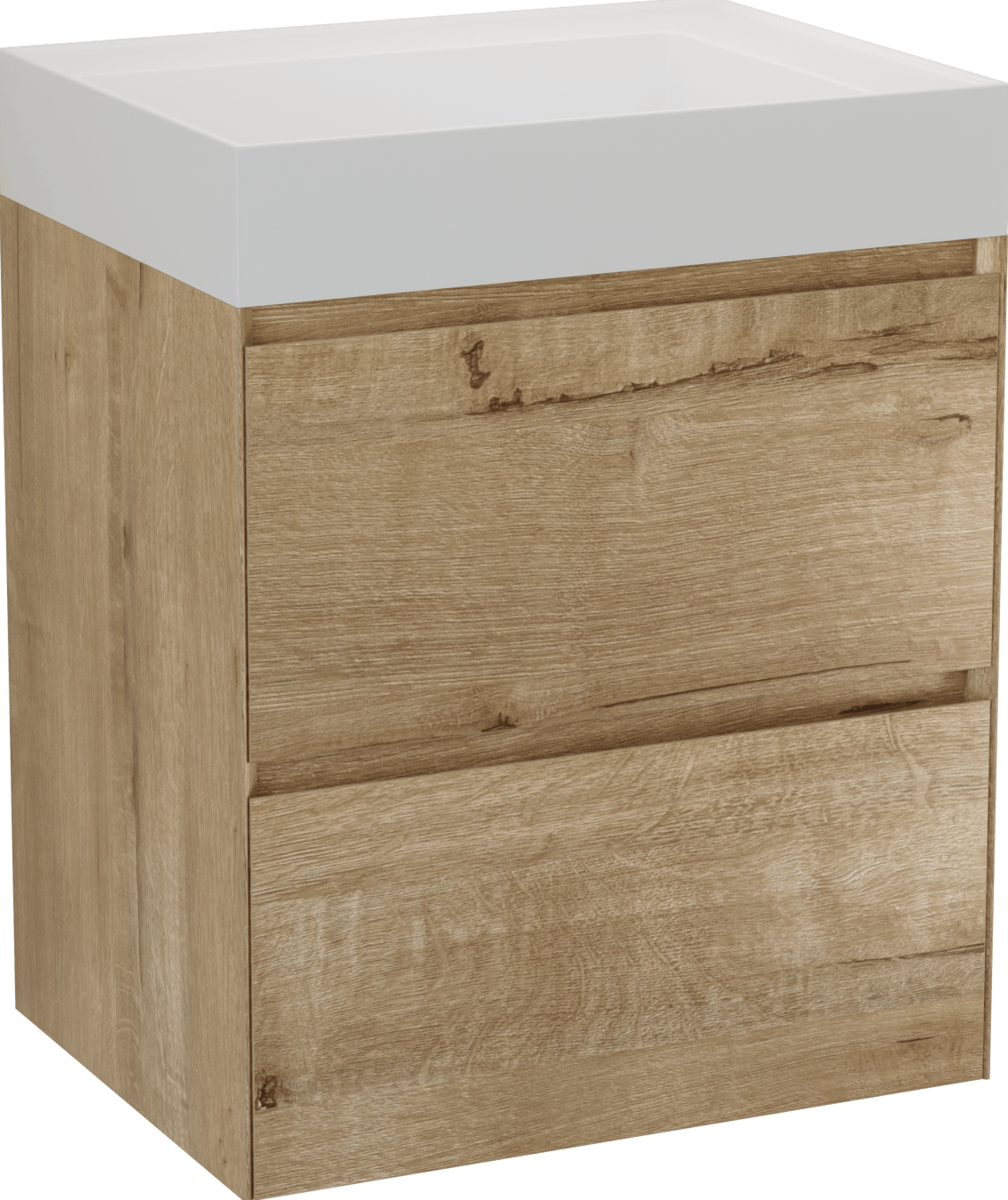 Balmani Mitra Compact zwevend badkamermeubel 60 x 46 cm ruwe eik met Argila asymmetrisch linkse wastafel composietmarmer mat wit 60 x 46 cm