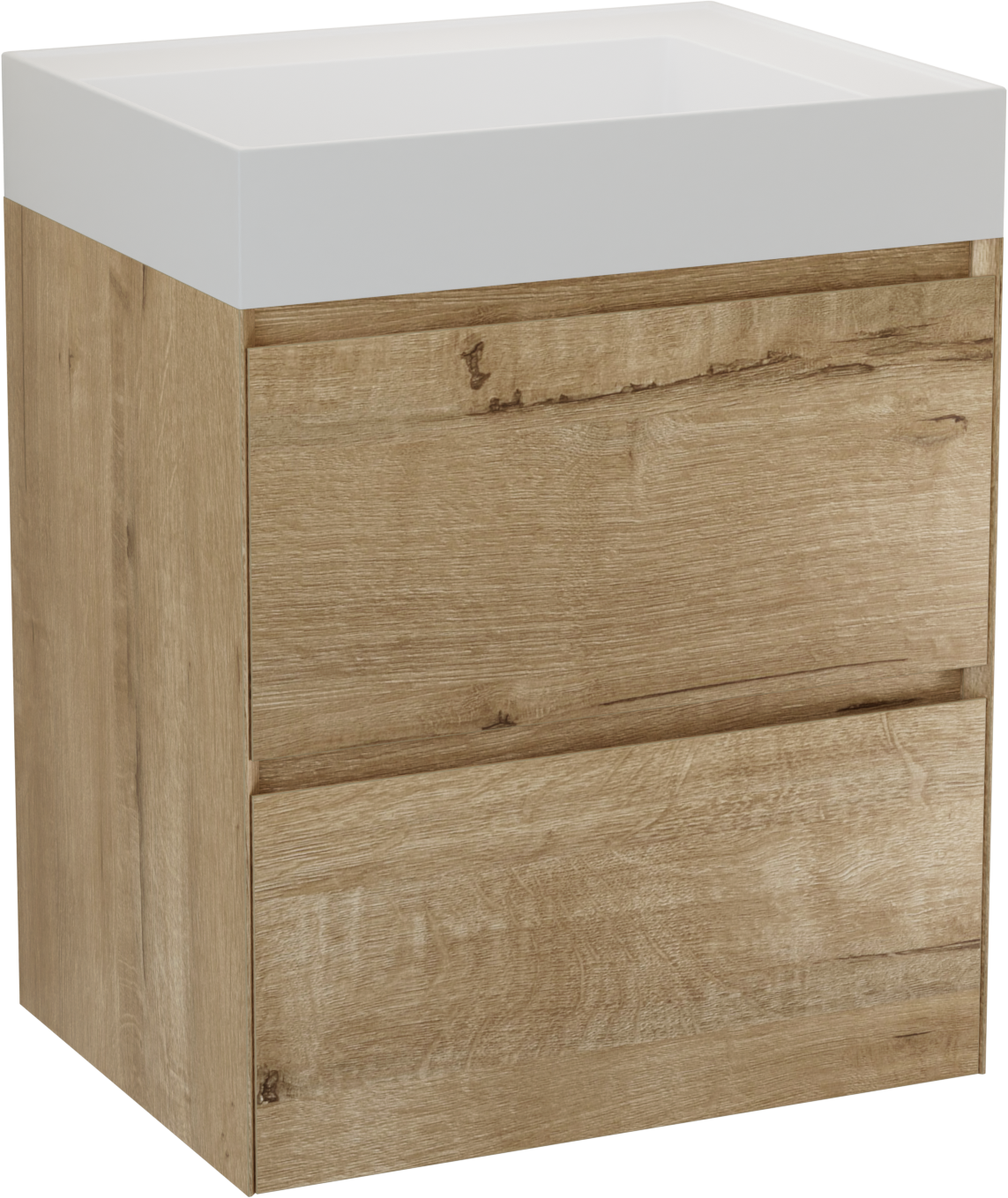 Balmani Mitra Compact hängendes Möbelstück Set: 60 x 46 cm, Eiche Rau, mit Argila Waschtisch links Marmorkomposit matt Weiβ