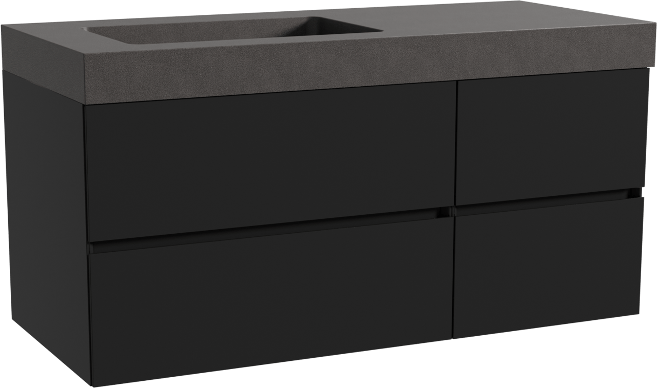 Storke Edge zwevend badkamermeubel 120 x 52 cm mat zwart met Scuro High asymmetrisch linkse wastafel in kwarts mat zwart