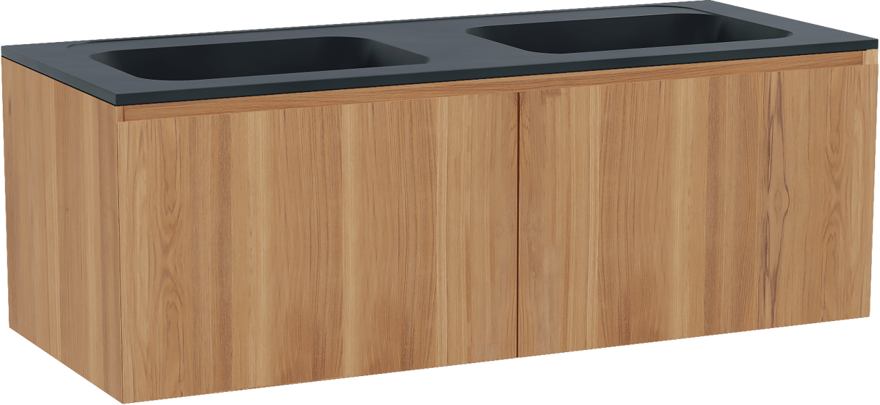 Balmani Idra meuble salle de bains suspendu 135 x 55 cm teck avec Tablo Strada double vasque en marbre composite noir mat