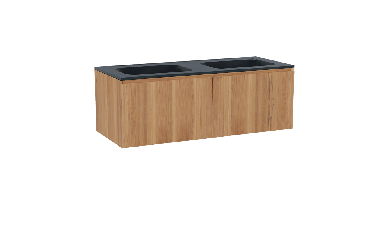 Balmani Idra hängendes Möbelstück Set: 135 x 55 cm, Teak, mit Tablo Strada Doppelwaschtisch, Marmorkomposit Schwarz matt