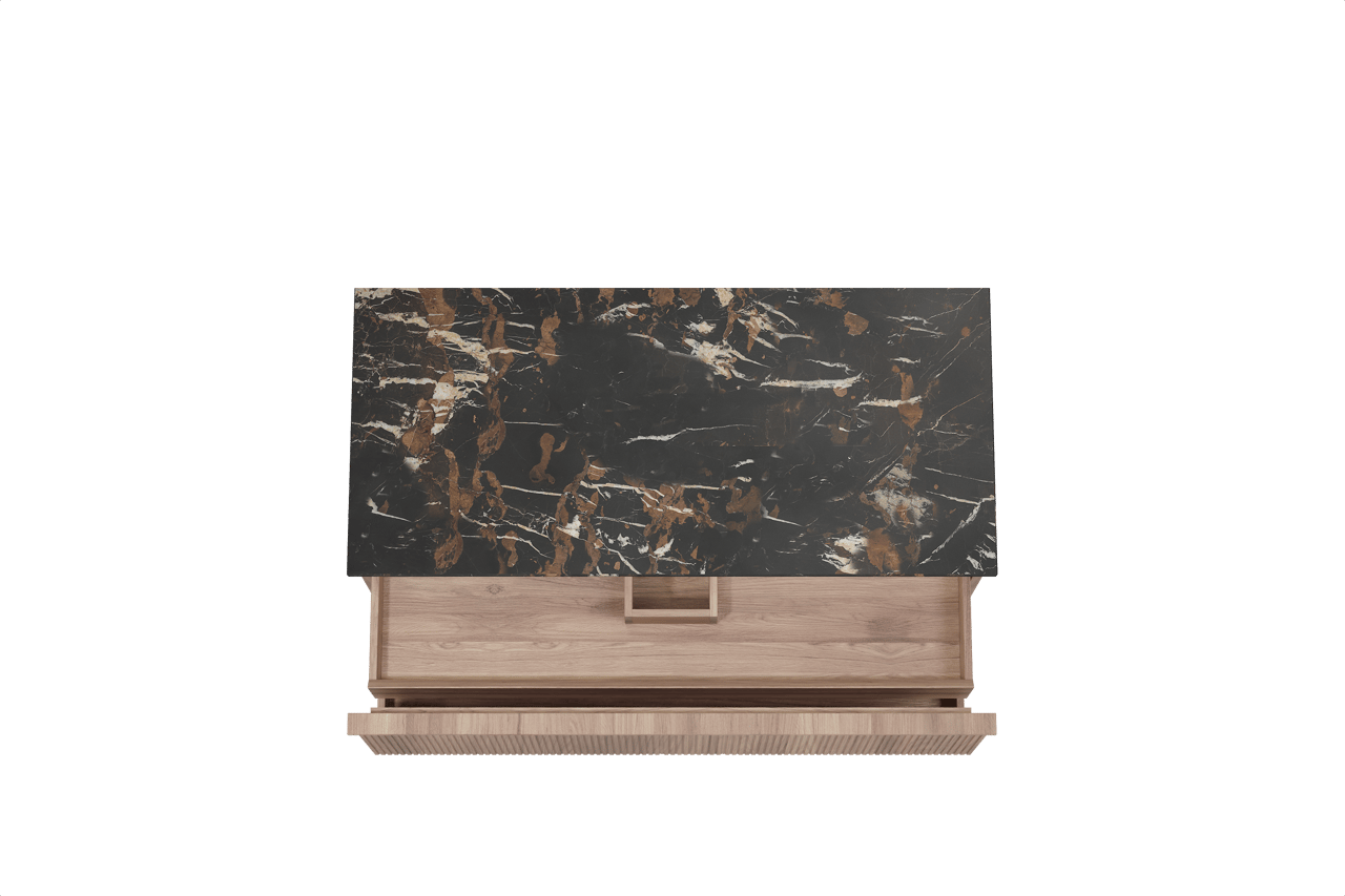 Balmani Forma hängendes Möbelstück Set: 120 x 55 cm, Teak, mit Stretto Einzel Waschtischplatte, Marmor, Portoro Gold, Vertikale symmetrische gerade Rippe