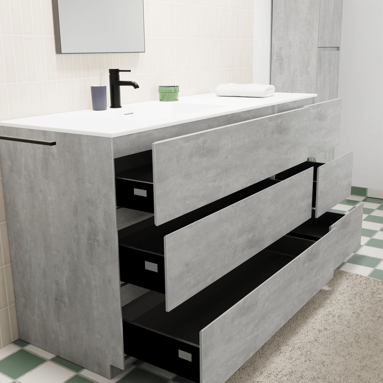 Storke Edge freistehendes Möbelstück Set: 150 x 52 cm, Beton dunkelgrau, mit Mata Waschtisch links, Solid Surface Weiß matt