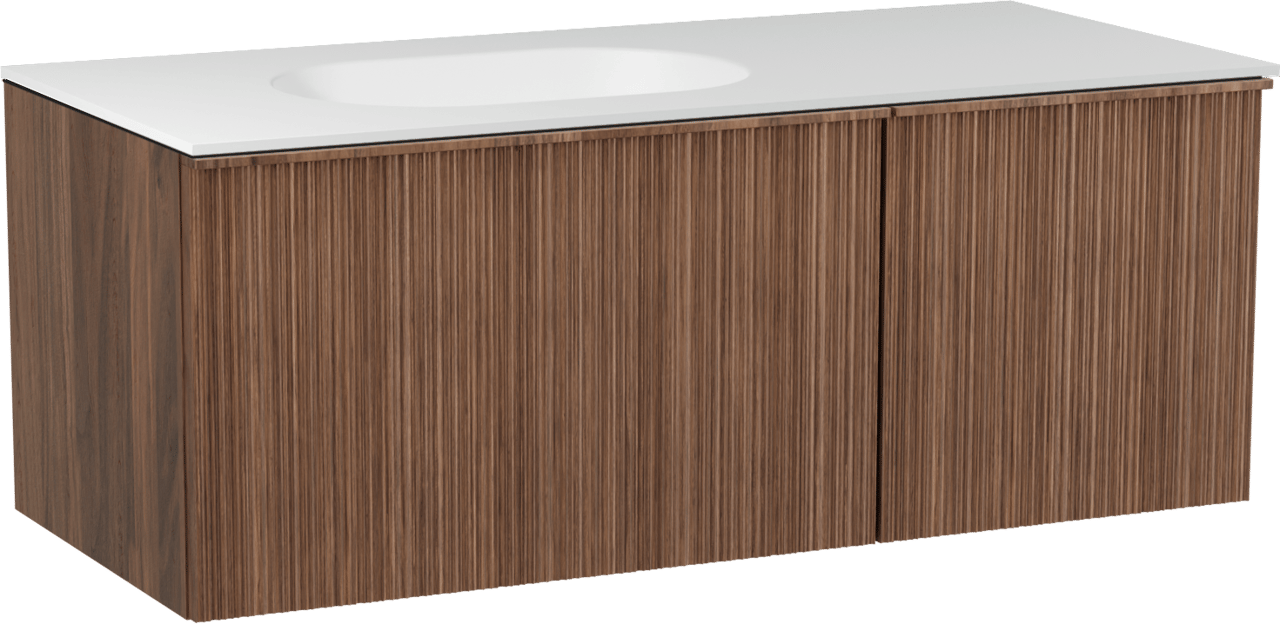 Balmani Forma hängendes Möbelstück Set: 120 x 55 cm, Amerikanischer Nussbaum, mit Tablo Oval Waschtisch links, Solid Surface, Weiß matt, Vertikale asymmetrische Runde Rippe