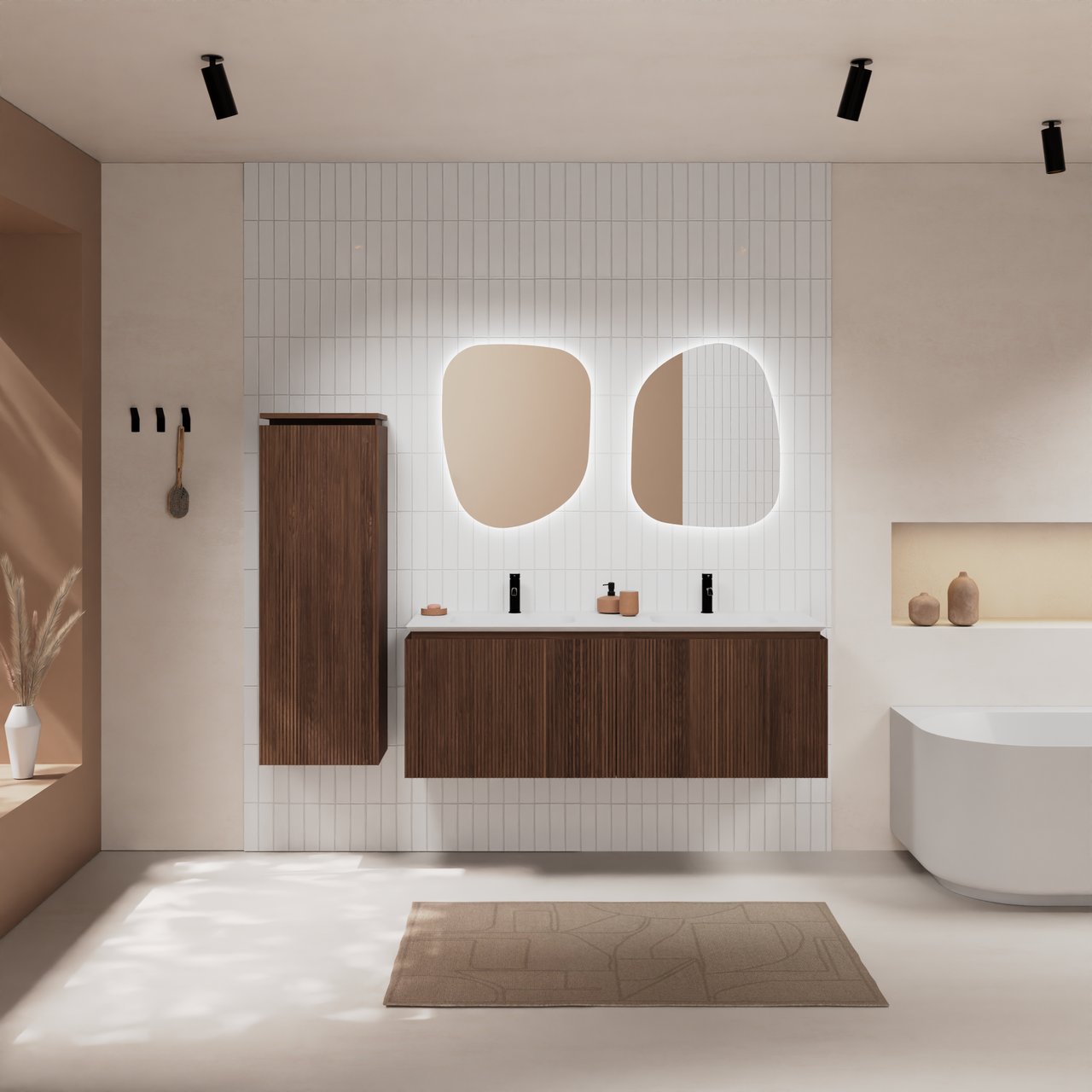 Balmani Eclips meuble salle de bains suspendu 150 x 55 cm Noyer américain avec Eclips double vasque en Solid Surface blanc mat, Nervure droite symétrique verticale