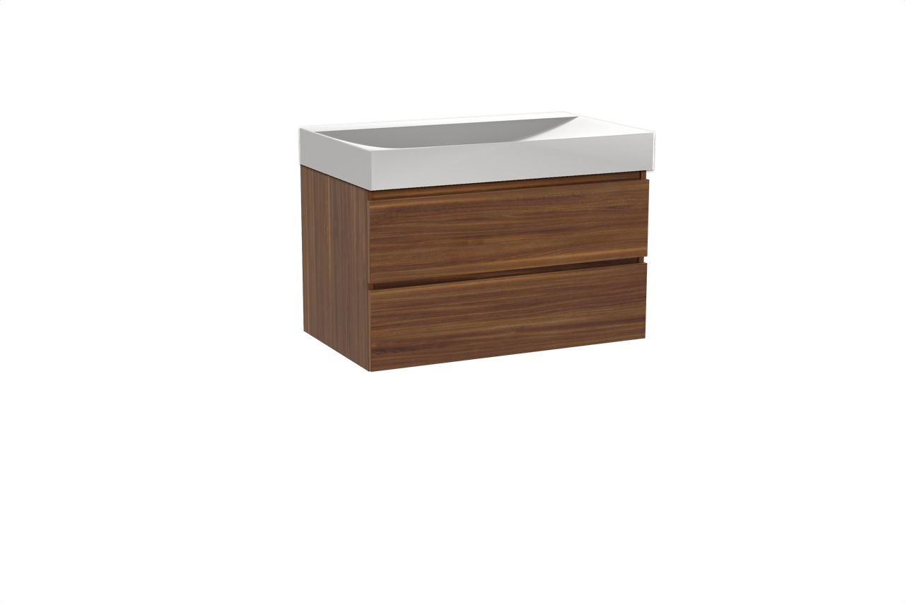 Balmani Lucida hängendes Möbelstück Set: 90 x 55 cm, Amerikanischer Nussbaum, mit Wave Einzelwaschtisch, Solid Surface Weiß matt