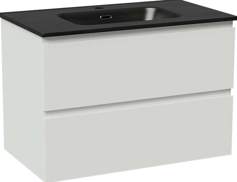 Linie Lado hängendes Möbelstück Set: 80 x 46 cm, Weiß glänzend, mit Baro Einzelwaschtisch, Porzellan Schwarz matt