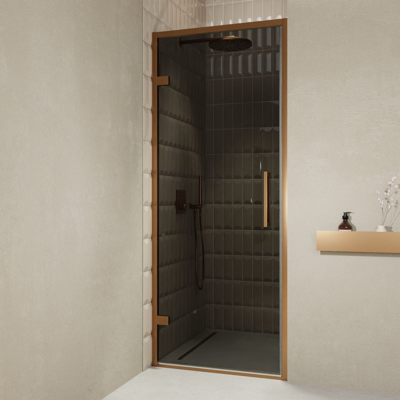 Balmani Senses Design porte pivotante à gauche 90 cm x 210 cm verre fumé, Profil Brushed Rosegold, coating inclus