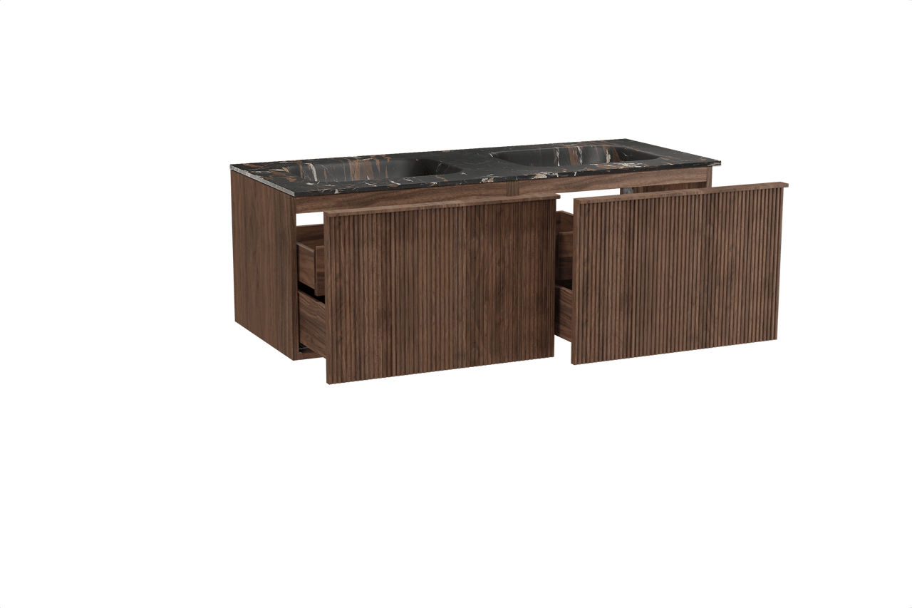 Balmani Forma meuble salle de bains suspendu 135 x 55 cm noyer américain avec Tablo Arcato double vasque en marbre portoro gold, Nervure droite symétrique verticale