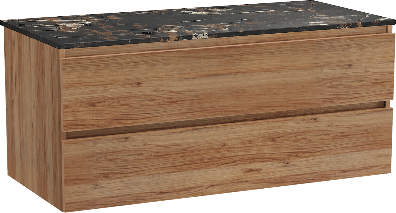 Balmani Lucida hängendes Möbelstück Set: 120 x 55 cm, Teak, mit Stretto Einzel Waschtischplatte, Marmor Portoro Gold