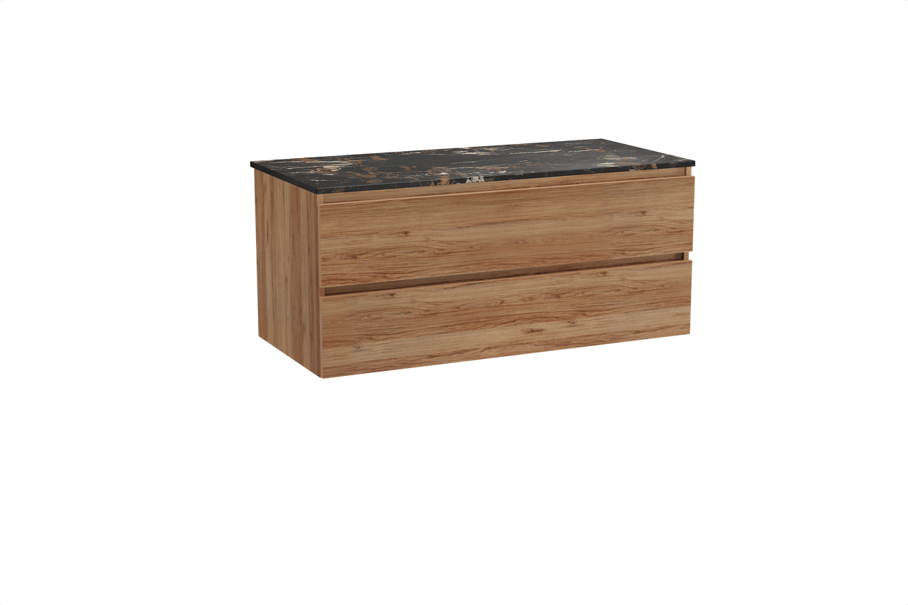 Balmani Lucida hängendes Möbelstück Set: 120 x 55 cm, Teak, mit Stretto Einzel Waschtischplatte, Marmor Portoro Gold