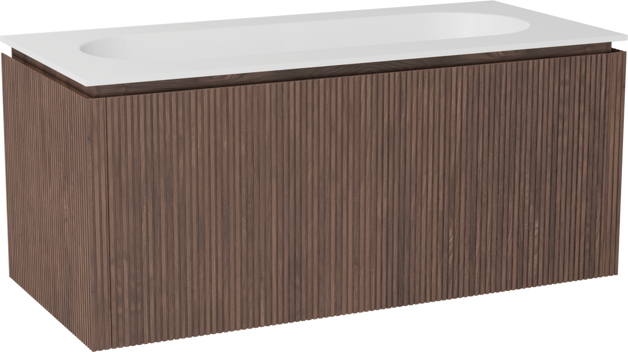 Balmani Eclips meuble salle de bains suspendu 120 x 55 cm Noyer américain avec Tablo Oval lavabo simple pour 2 trous de robinet en Solid Surface blanc mat, Nervure droite symétrique verticale