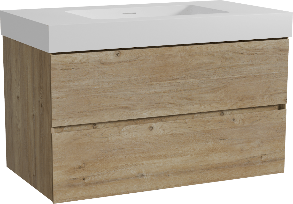Storke Edge zwevend badmeubel 95 x 52 cm ruw eiken met Mata High enkele wastafel in solid surface mat wit