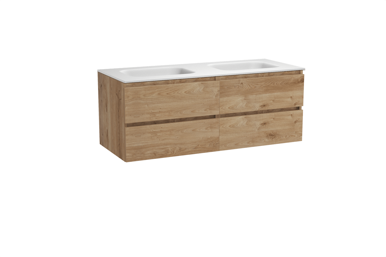 Balmani Lucida hängendes Möbelstück Set: 135 x 55 cm, Rohe Eiche, mit Tablo Arcato Doppelwaschtisch, Solid Surface Weiß matt