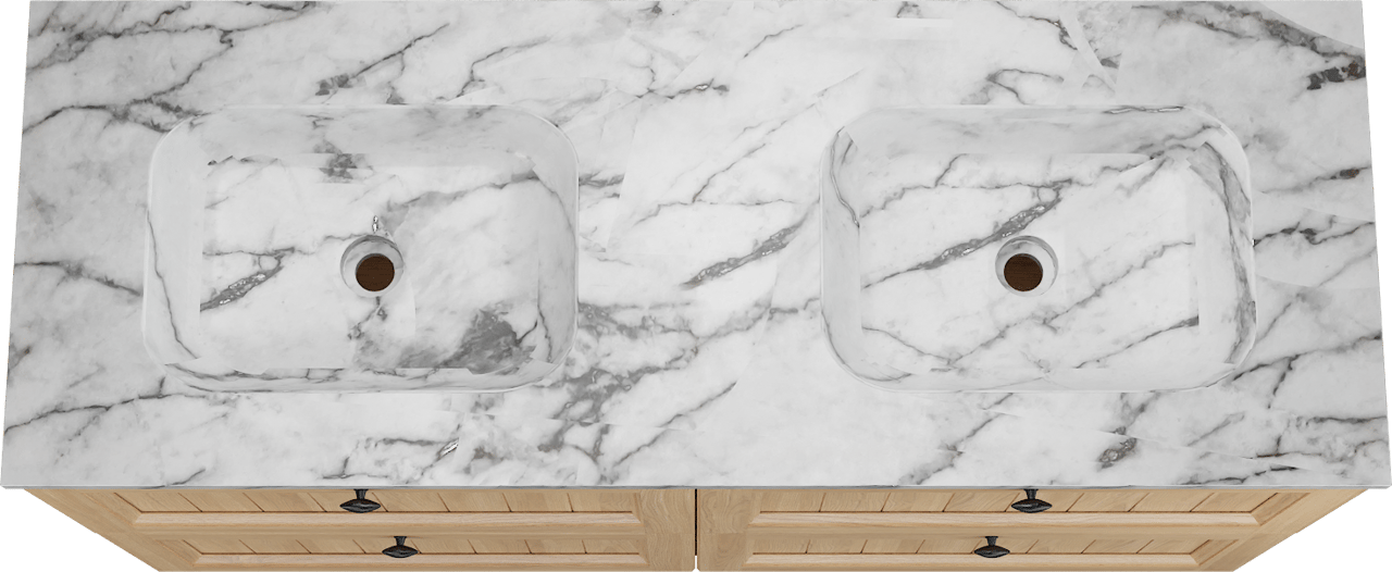 Balmani Lemon freistehendes Möbelstück Set: 150 x 55 cm, Naturbelassene Eiche Furnier, mit Tablo Arcato Doppelwaschtisch, Carrara