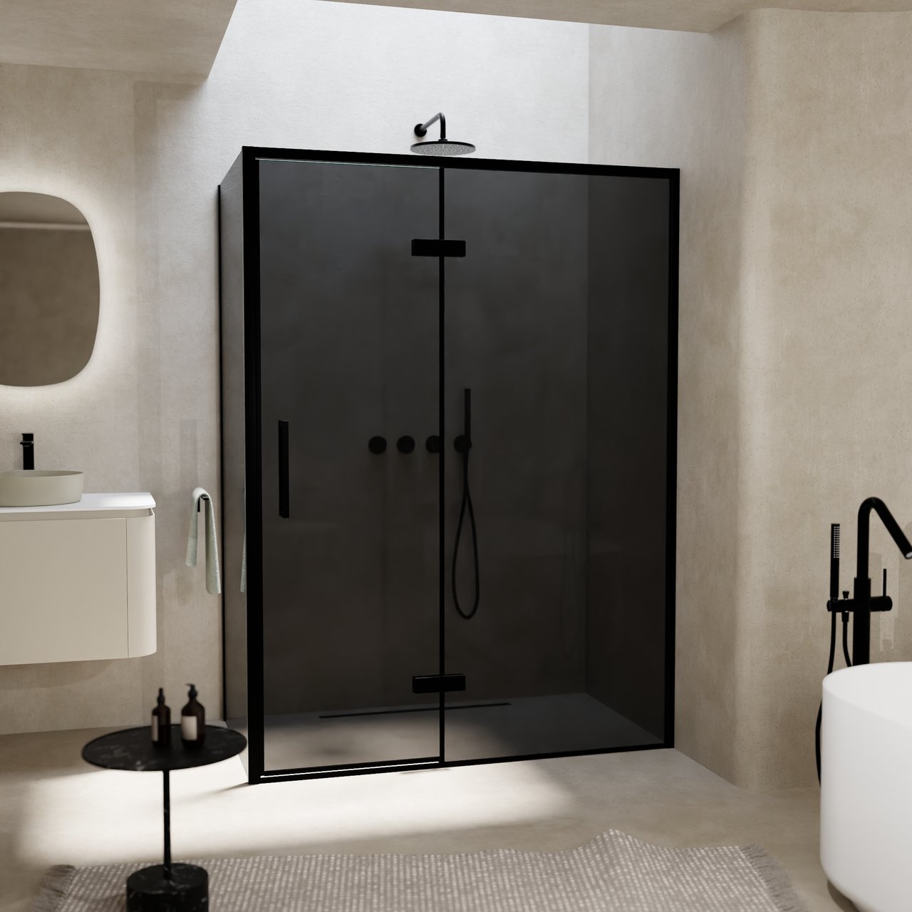 Balmani Senses Design douche en coin avec porte pivotante à droite et paroi latérale fixe, 140 x 100 cm, Verre fumé, Profil noir