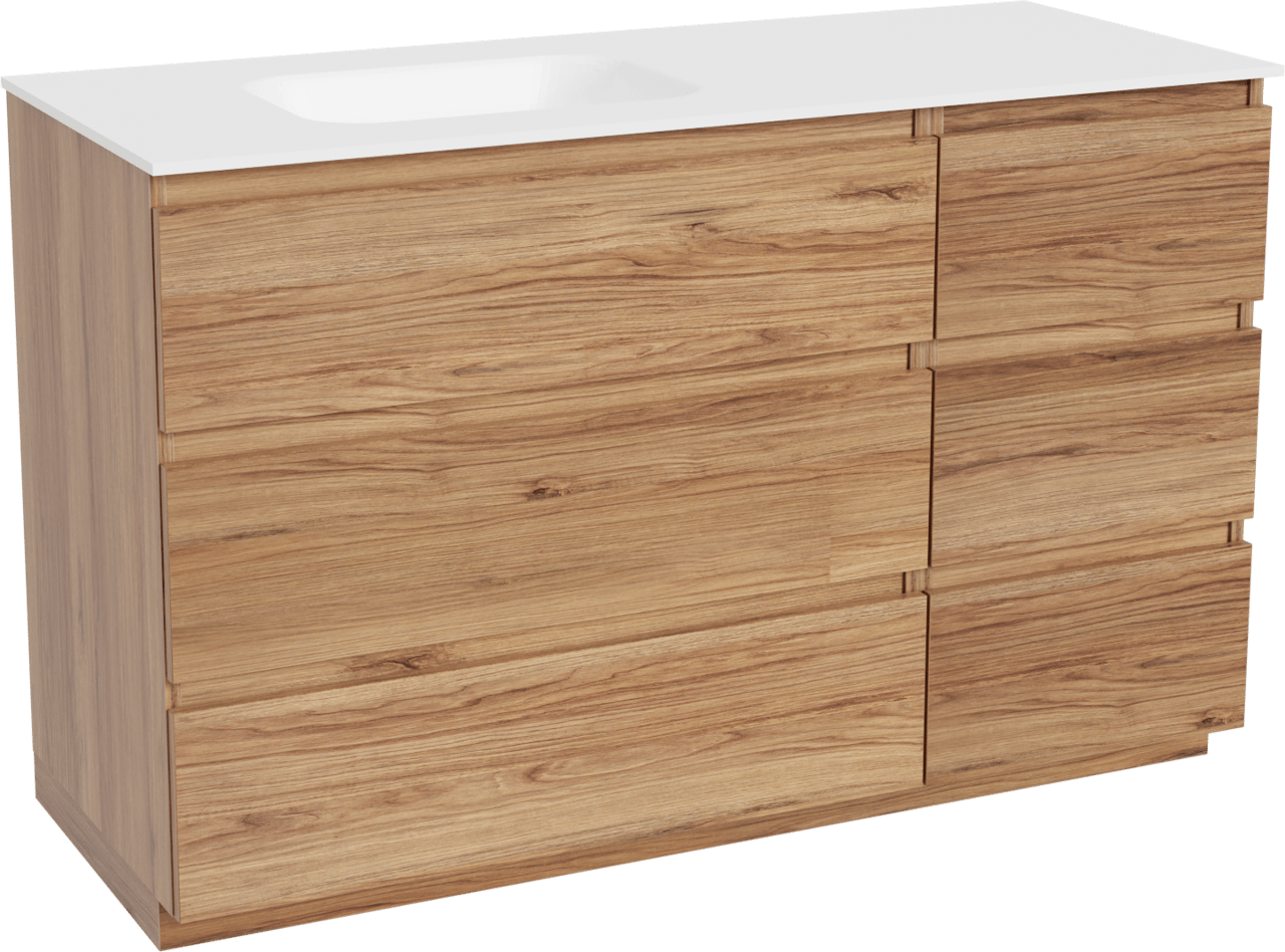 Balmani Lucida freistehendes Möbelstück Set: 135 x 55 cm, Teak, mit Tablo Arcato Waschtisch links, Solid Surface Weiß matt