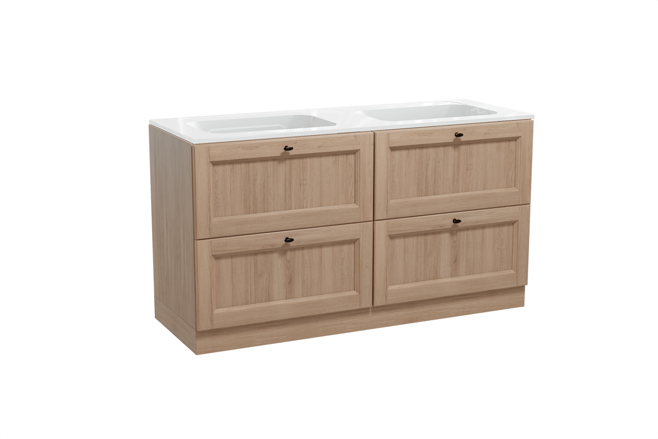 Balmani Lemon freistehendes Möbelstück Set: 150 x 55 cm, Verwitterte Eiche, mit Tablo Strada Doppelwaschtisch, Marmorkomposit Weiß glänzend