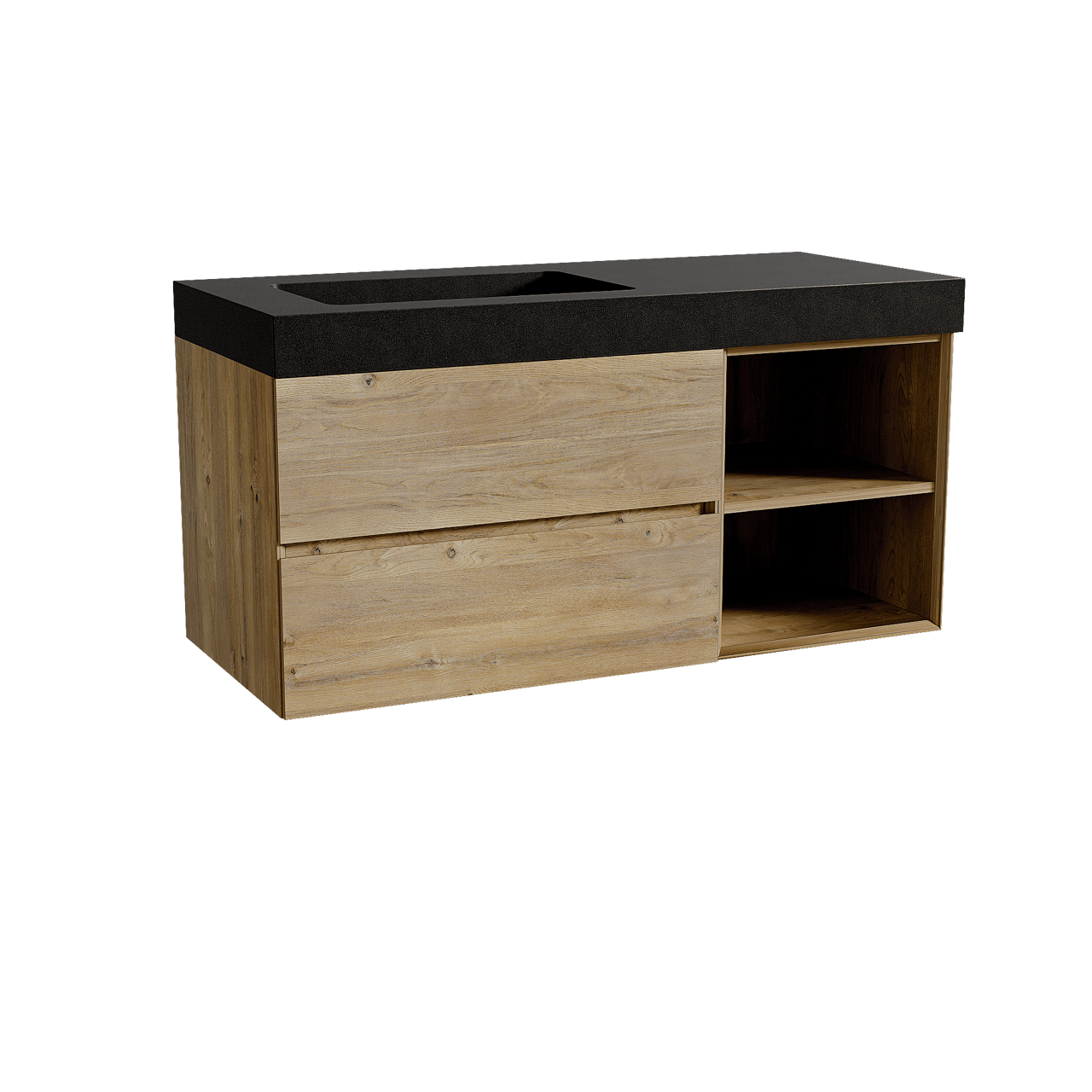 Storke Edge zwevend badkamermeubel 120 x 52 cm ruwe eik met Scuro High asymmetrisch linkse wastafel in kwarts mat zwart