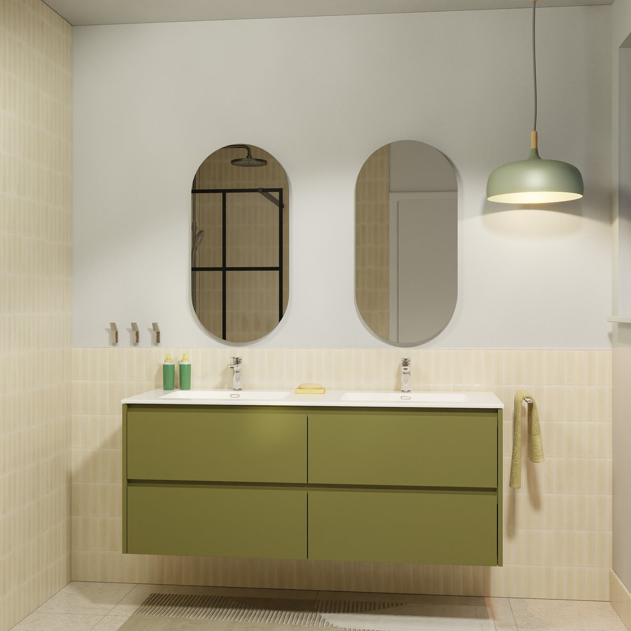 Storke Seda hängendes Möbelstück Set: 150 x 52 cm, Olivgrün, mit Diva Doppelwaschtisch, Marmorkomposit Weiß glänzend und 2 Soto Badspiegel