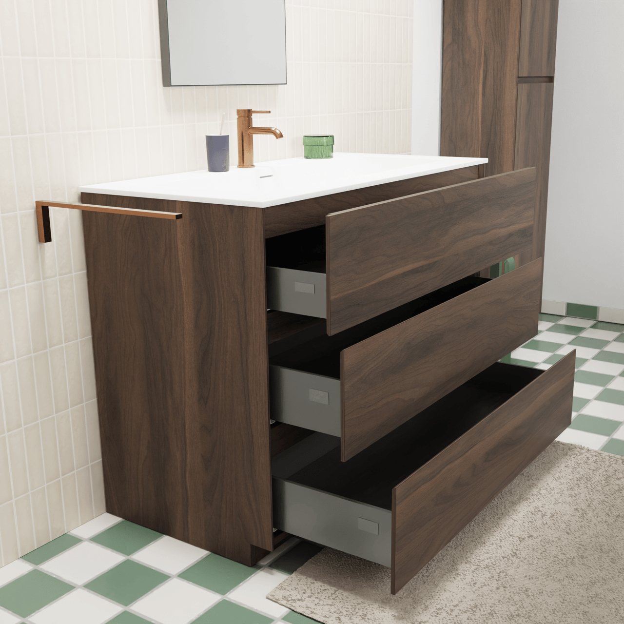 Storke Edge staand badmeubel 105 x 52 cm notenhout met Mata enkele wastafel voor 2 kraangaten in solid surface mat wit