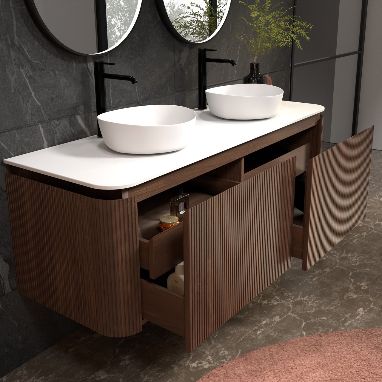 Balmani Moon zwevend badmeubel 160 x 55 cm amerikaans notenhout met Moon enkel of dubbel wastafelblad in solid surface mat wit, Verticale symmetrische rechte ribbel