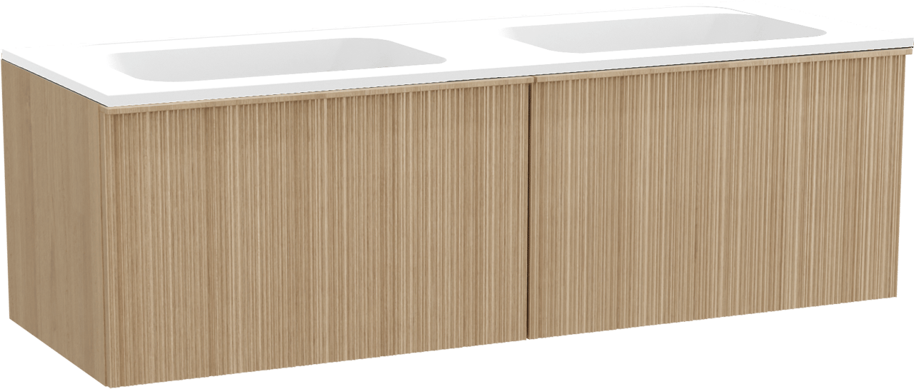 Balmani Forma zwevend badkamermeubel 150 x 55 cm natuur eik met Tablo Strada dubbele wastafel in composietmarmer mat wit, Verticale asymmetrische ronde ribbel