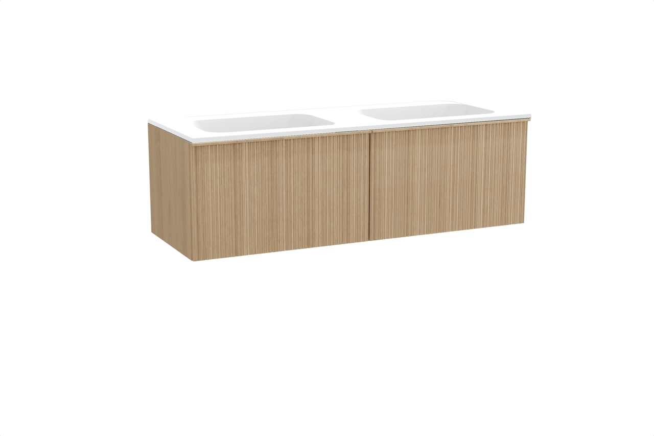 Balmani Forma hängendes Möbelstück Set: 150 x 55 cm, Naturbelassene Eiche, mit Tablo Strada Doppelwaschtisch, Marmorkomposit, Weiß matt, Vertikale asymmetrische Runde Rippe