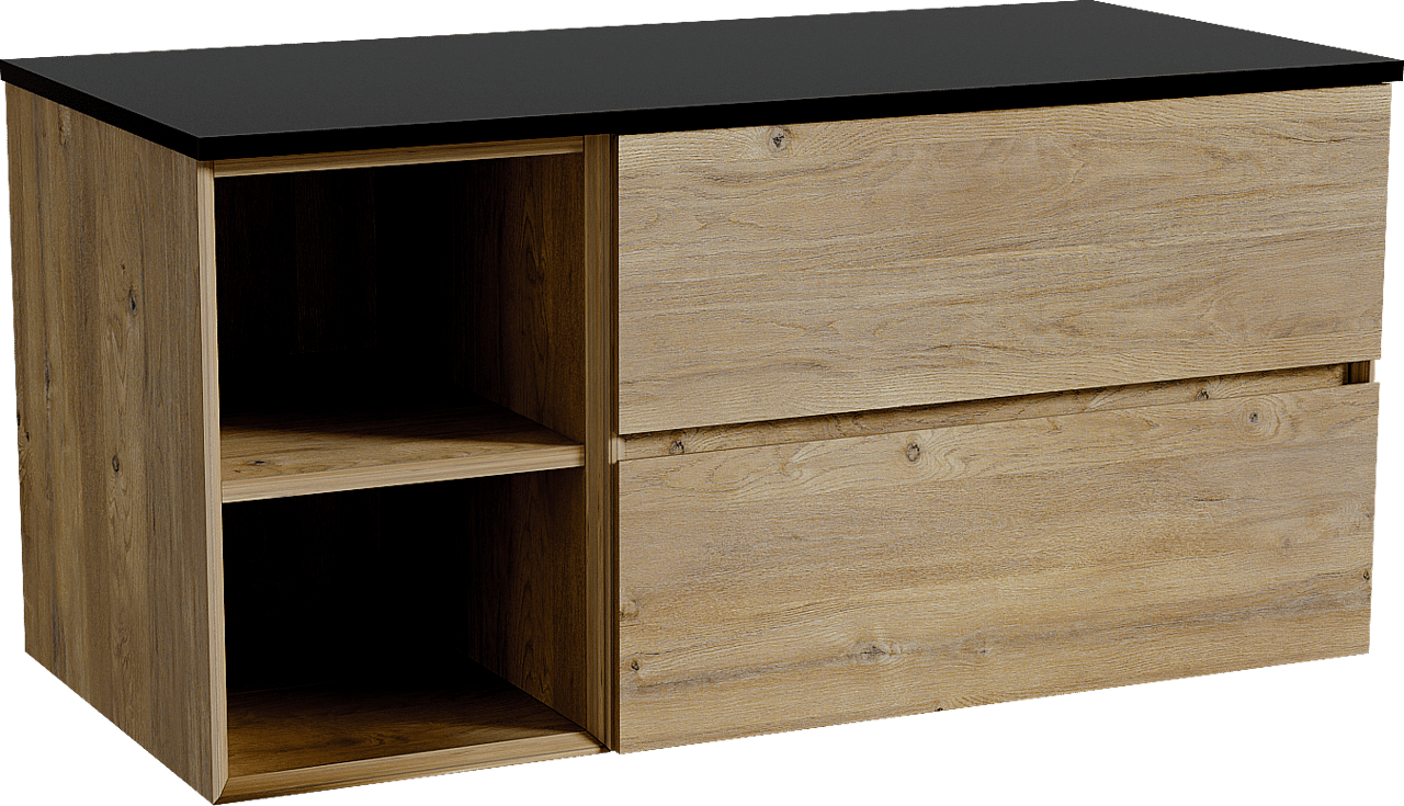 Storke Edge meuble salle de bains suspendu 110 x 52 cm chêne brut avec Panton tablette simple en mdf enduit de poudre noir mat