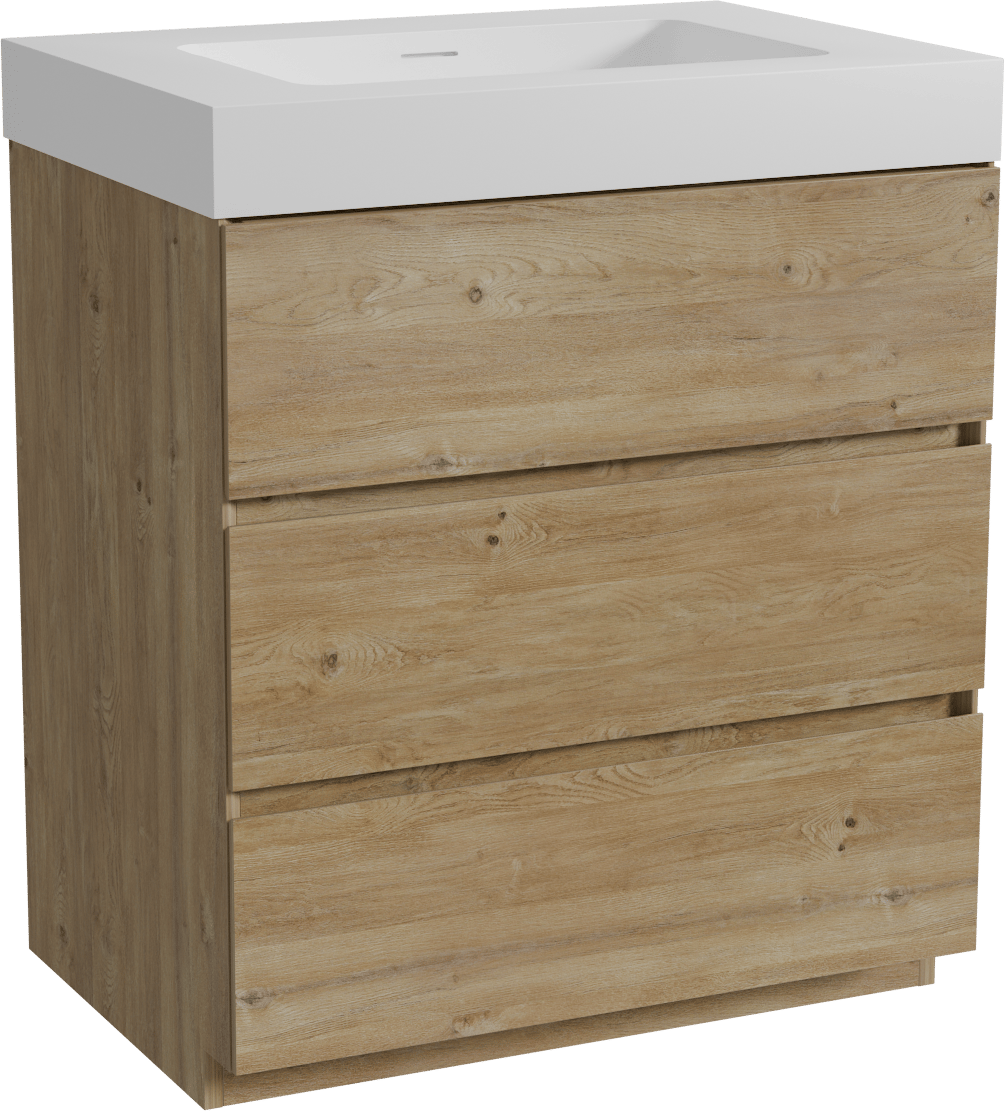 Storke Edge staand badmeubel 75 x 52 cm ruw eiken met Mata High enkele wastafel in solid surface mat wit