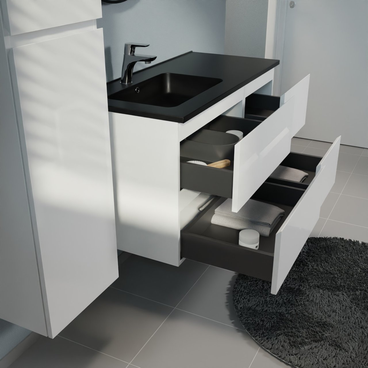 Linie Lado zwevend badkamermeubel 100 x 46 cm glanzend wit met Vano asymmetrisch linkse wastafel in composietmarmer mat zwart