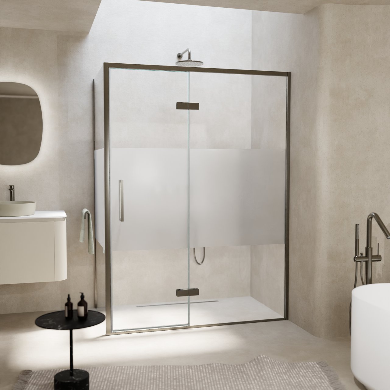 Balmani Senses Design Eckdusche: Drehtür (Rechts) mit fixierte Seitenwand, 140 x 100 cm, Klarglas mit mattiertem Streifen, Profil Brushed GunMetal