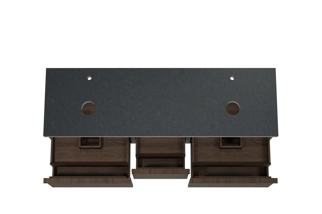 Balmani Forma hängendes Möbelstück Set: 180 x 55 cm, Geräucherte Eiche, mit Rock Doppel Waschtischplatte, Granit, Schwarzes Granit, Vertikale symmetrische gerade Rippe