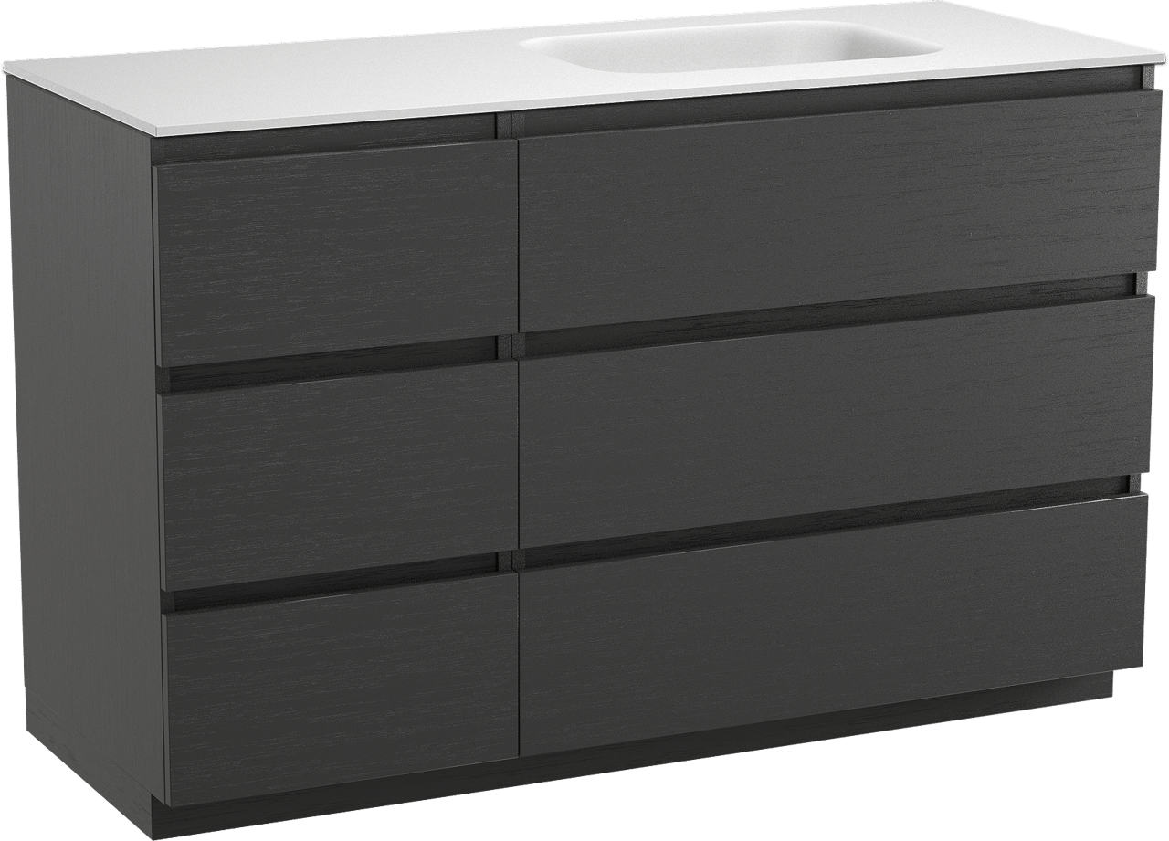 Balmani Lucida meuble salle de bains à poser 135 x 55 cm chêne noir avec Tablo Arcato vasque asymétrique droite en solid surface blanc mat