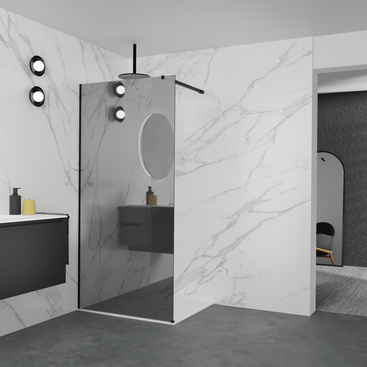 Balmani Modular Walk-In Dusche: 100 x 200 cm, Reflex-Spiegelglas, inklusive Coating, Profil Schwarz matt