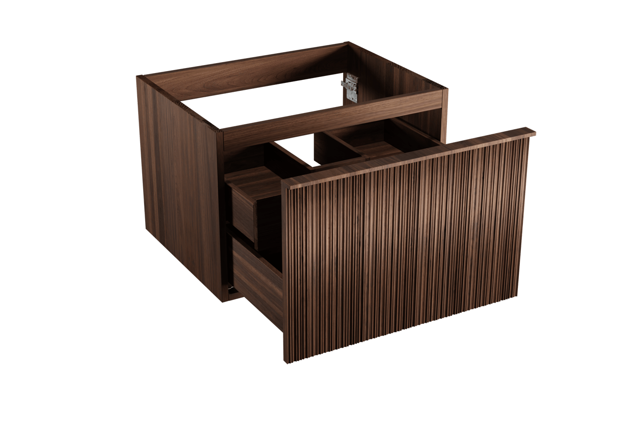 Balmani Forma hängender Waschbeckenunterschrank: asymmetrische Rippen, 67,5 x 55 cm, Amerikanischer Nussbaum, 2 Schubladen