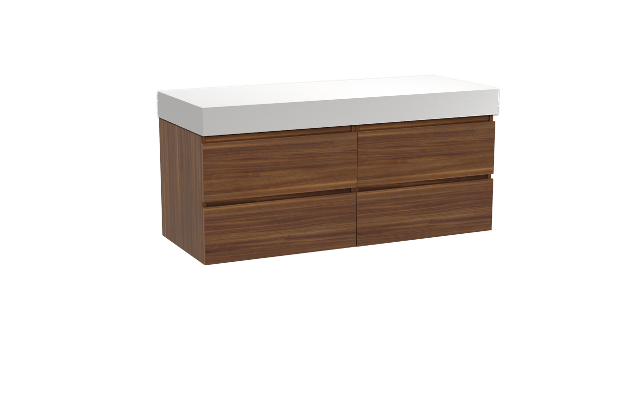 Balmani Lucida zwevend badkamermeubel 135 x 55 cm amerikaanse notelaar met Dominus enkel of dubbel tablet in solid surface mat wit