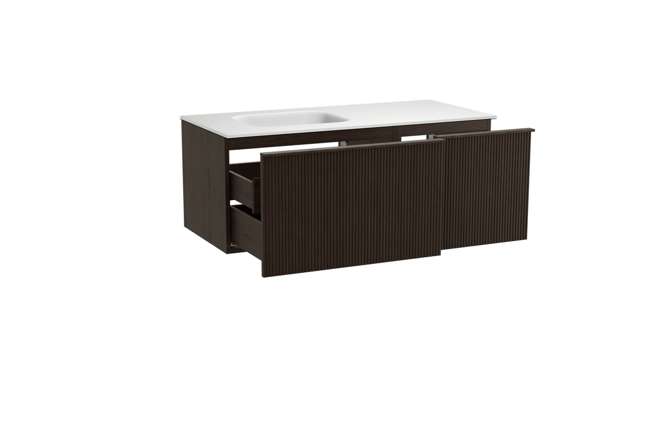 Balmani Forma hängendes Möbelstück Set: 120 x 55 cm, Geräucherte Eiche, mit Tablo Arcato Waschtisch links, Solid Surface, Weiß matt, Vertikale symmetrische gerade Rippe