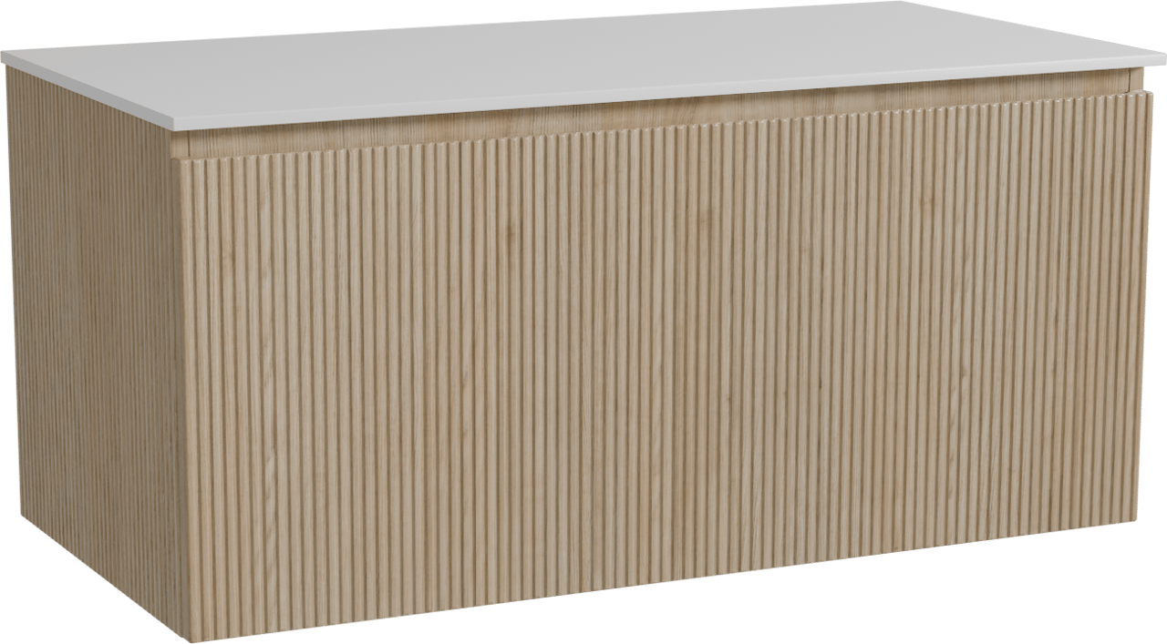 Storke Ribs zwevend badmeubel 105 x 52 cm ruw eiken met Tavola enkel wastafelblad in solid surface mat wit, Verticale symmetrische rechte ribbel