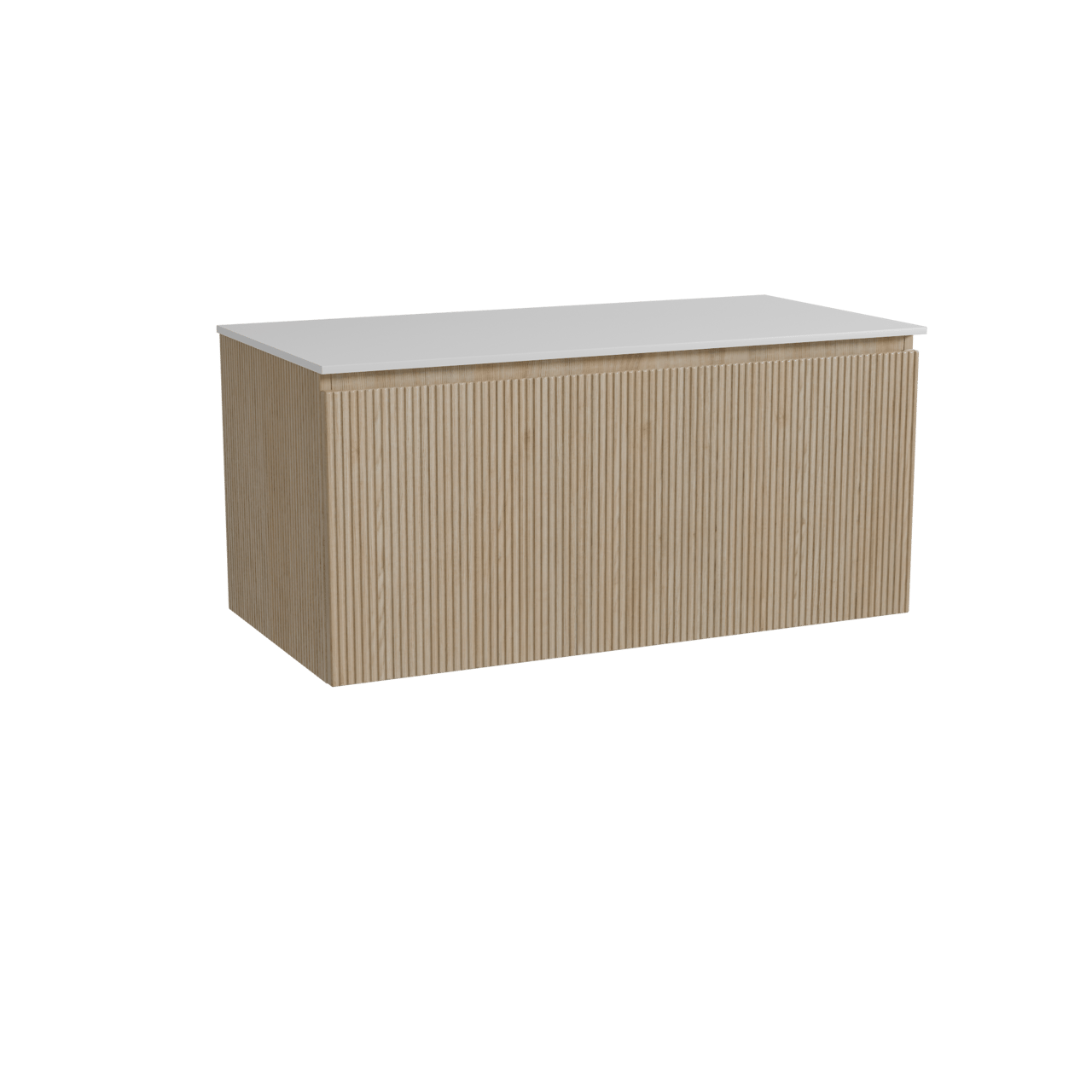 Storke Ribs hängendes Möbelstück Set: 105 x 52 cm, Rohe Eiche, mit Tavola Einzel Waschtischplatte, Solid Surface, Weiß matt, Vertikale symmetrische gerade Rippe