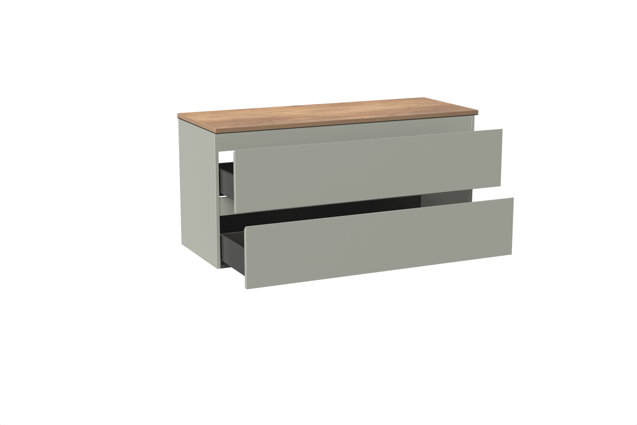 Linie Lado hängendes Möbelstück Set: 120 x 46 cm, Greige, mit Lado Einzel- oder Doppel Waschtischplatte, Melamin Naturbelassene Eiche