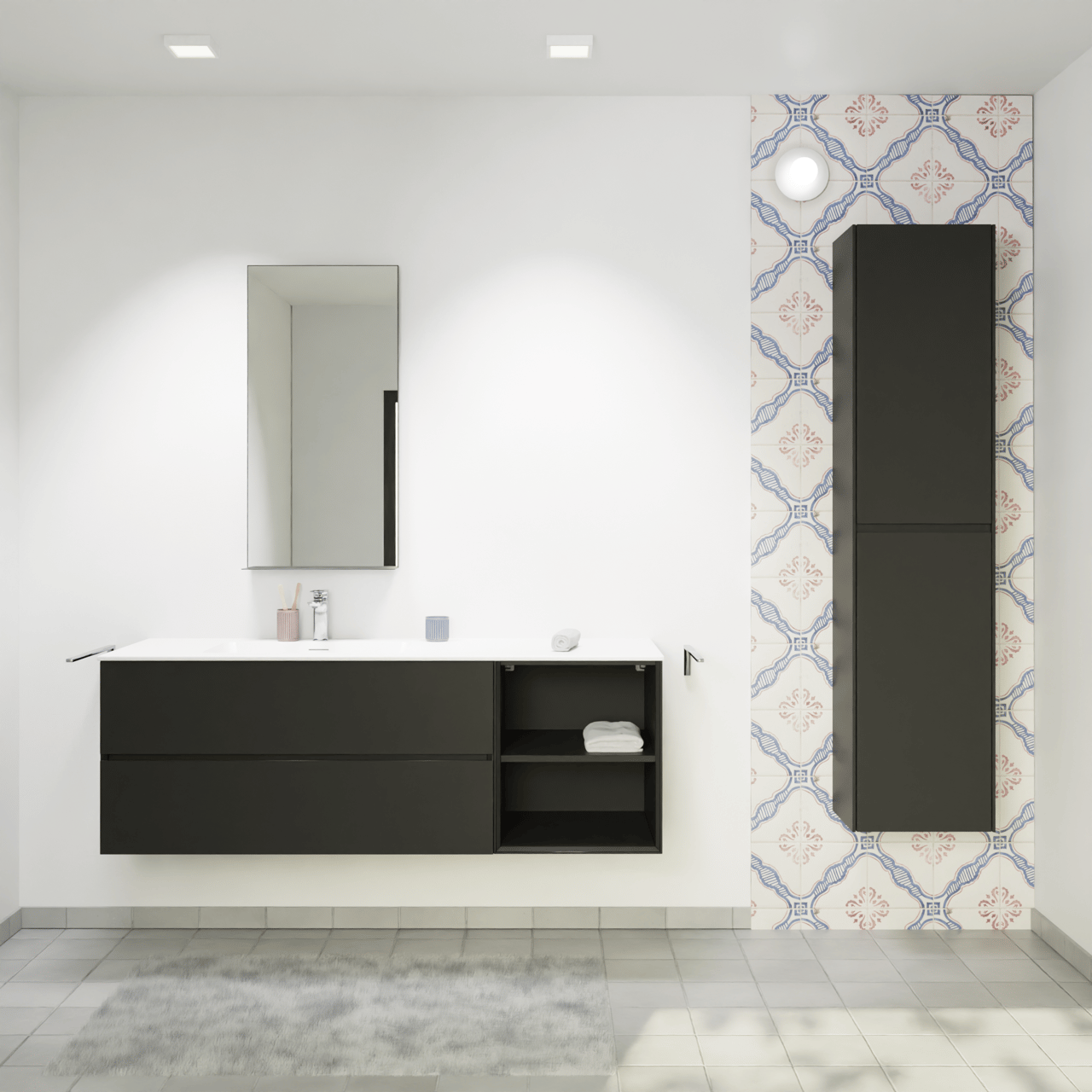 Storke Edge zwevend badmeubel 150 x 52 cm mat zwart met Mata asymmetrisch linkse wastafel in solid surface mat wit