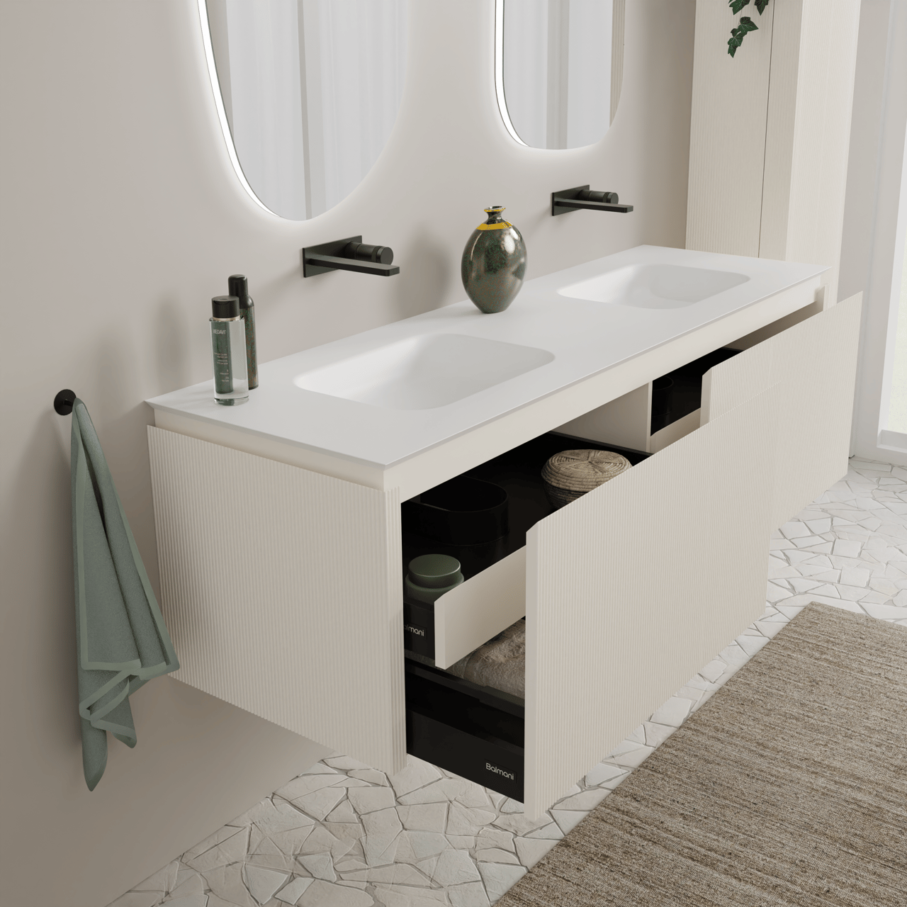 Balmani Eclips Doppelwaschtisch matt weiße Solid Surface 180 x 55 cm